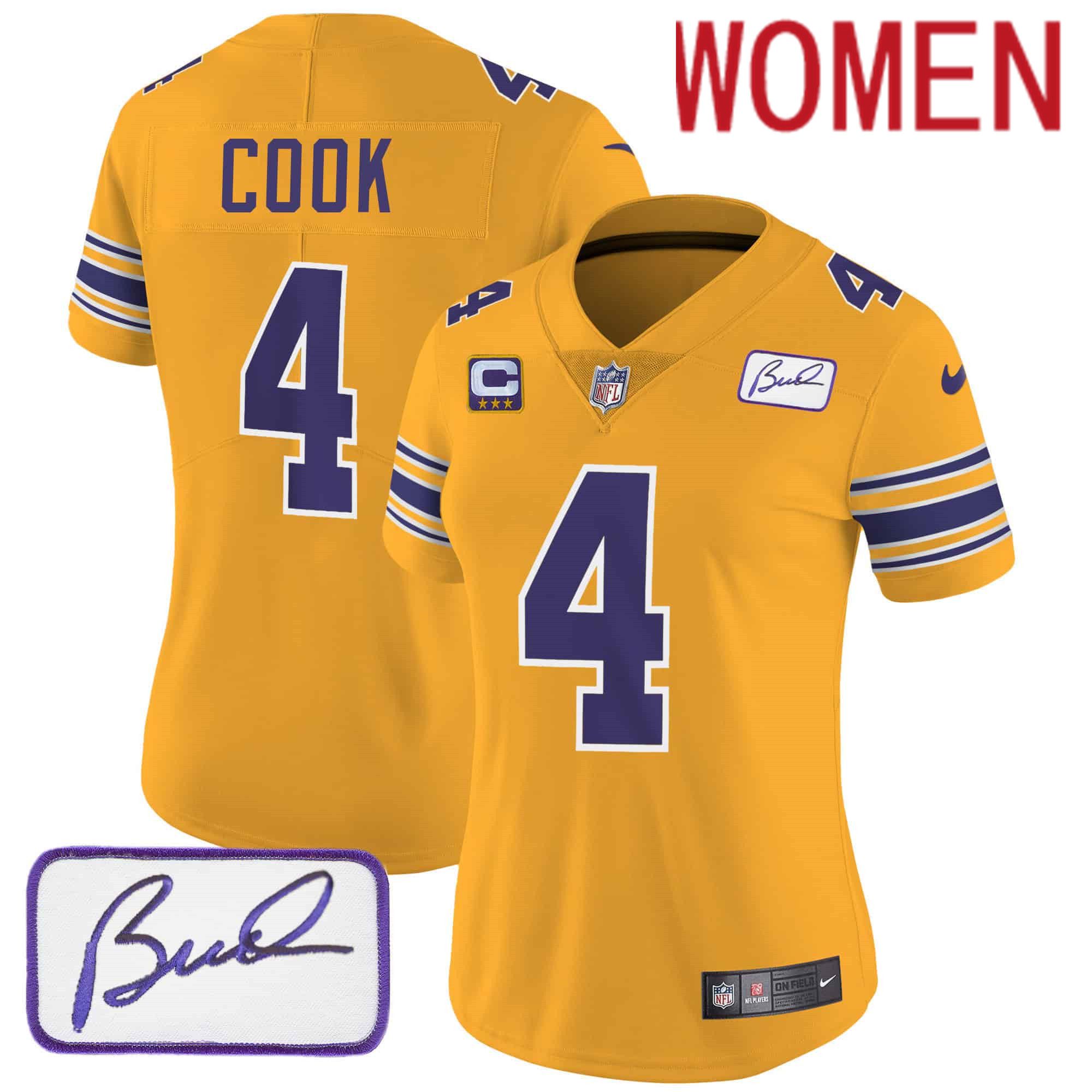 Women Minnesota Vikings 4 Cook Yellow 2024 Nike Bud Grant Patch Classic Limited NFL Jersey